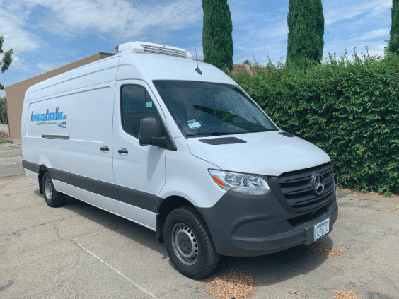 White Mercedes-Benz Sprinter refrigerated van rental from Refrigerated Rental Vans with rooftop refrigeration unit, available for events and emergency refrigeration in Los Angeles and Las Vegas