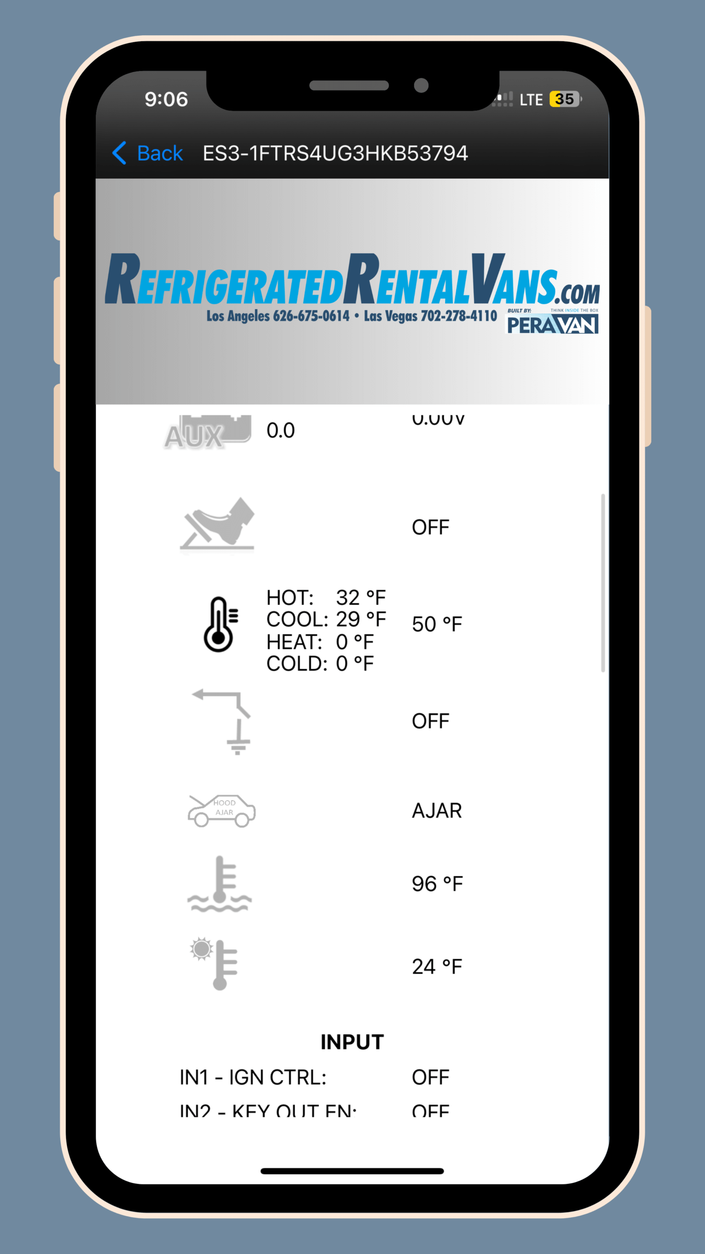 Start Stop refrigeration system app on a smartphone — real-time temperature monitoring for refrigerated rental vans