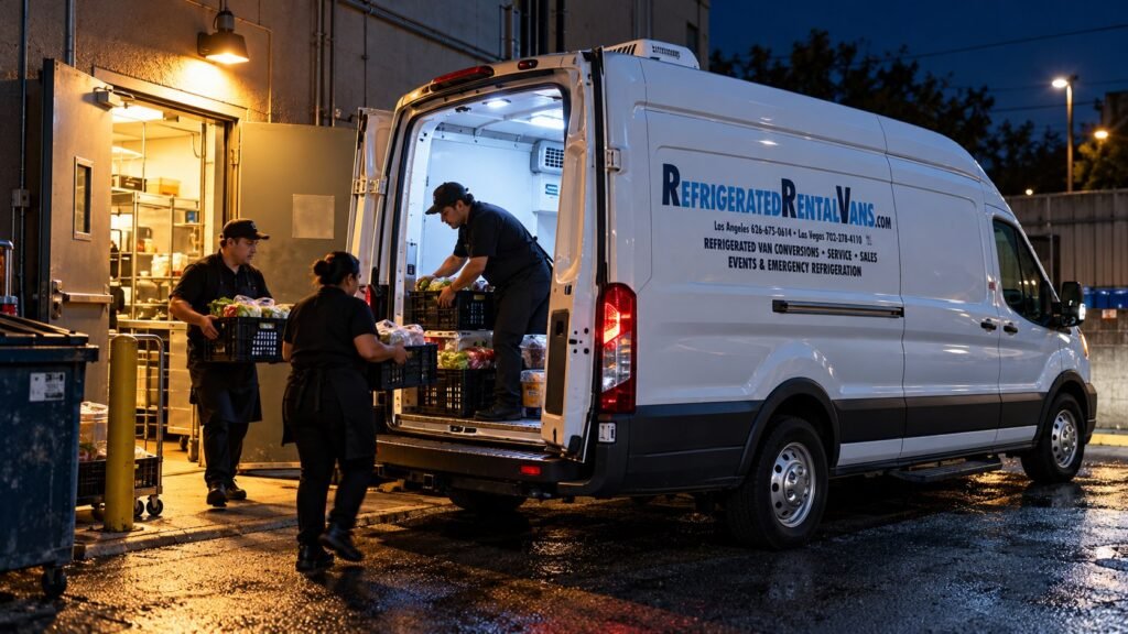 Refrigerated rental van at night behind a restaurant during an emergency walk-in cooler breakdown