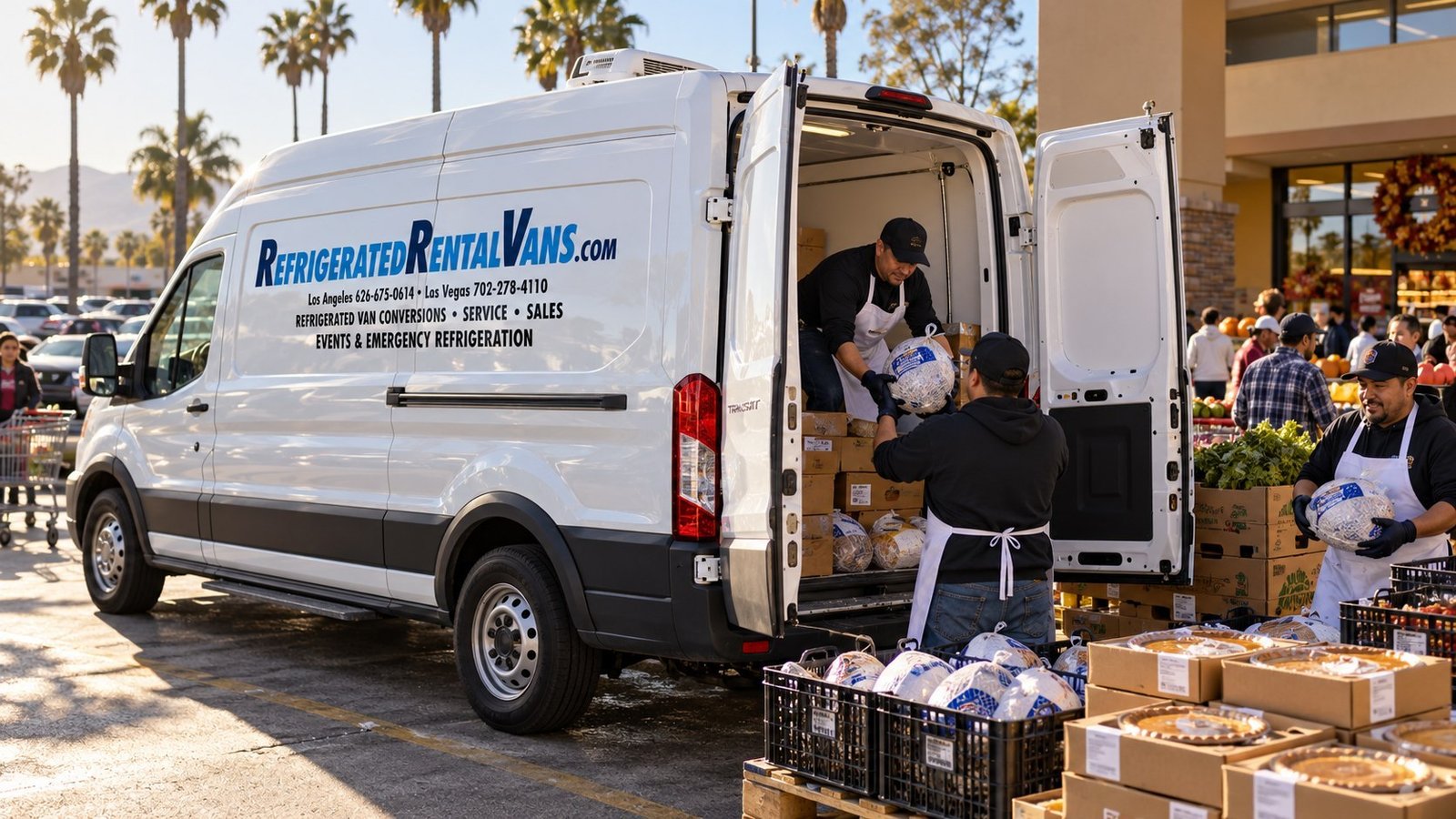 Refrigerated rental van being loaded with turkeys and holiday food outside a Southern California grocery store