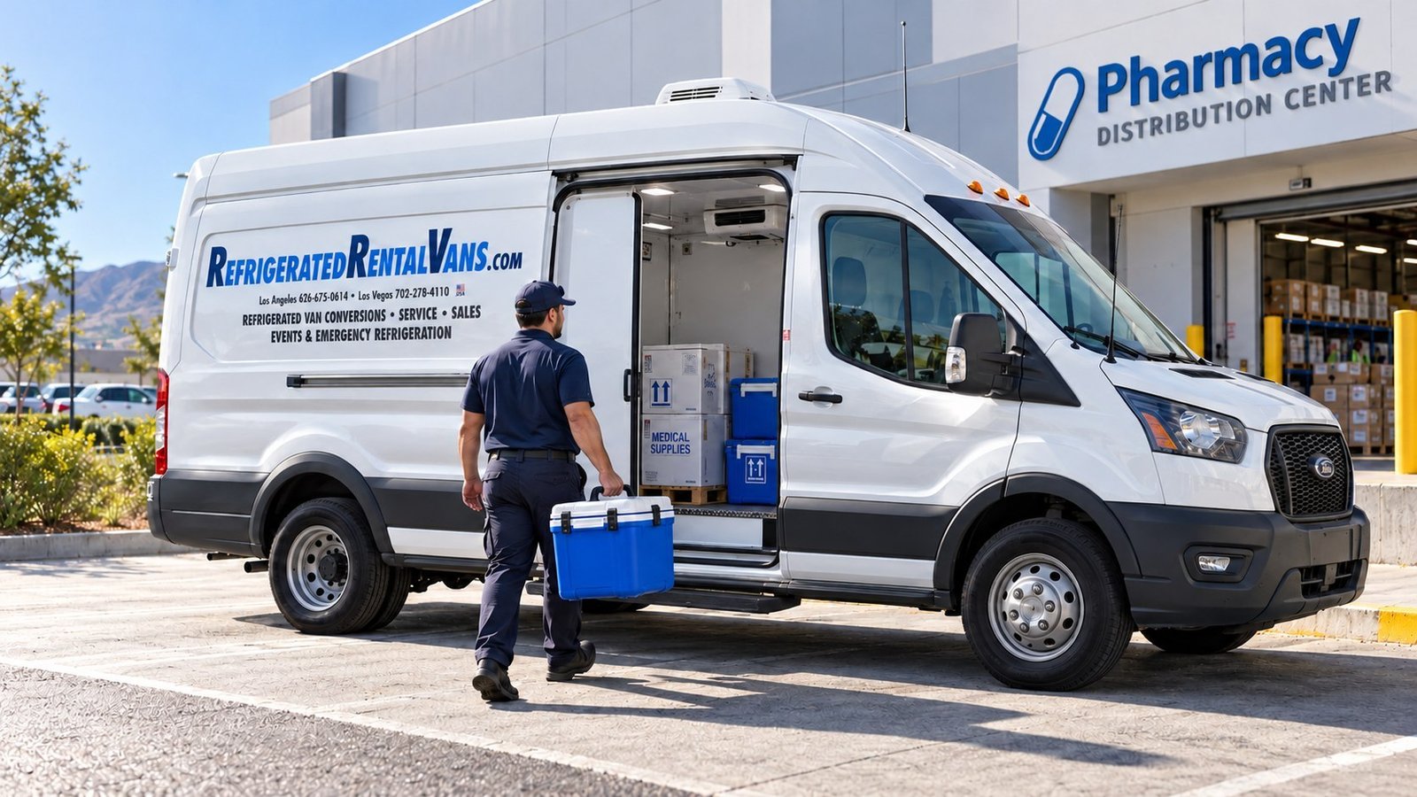 Refrigerated rental van at a pharmacy distribution center, courier carrying a medical cooler
